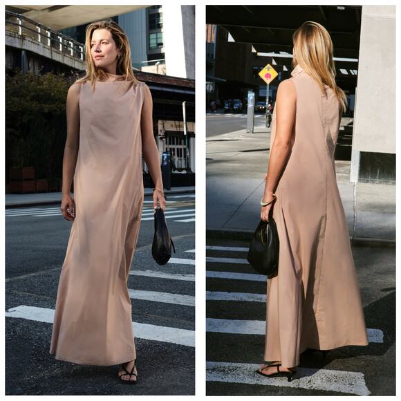 Marcella NYC Minna Sleeveless Tan Maxi Dress Size Large Lagenlook Quiet Luxury - Picture 1 of 10